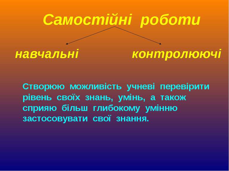 Самостійні роботи навчальні контролюючі Створюю можливість учневі перевірити ...