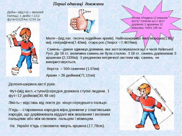 Перші одиниці довжини Дюйм—(від гол.– великий палець). 1 дюйм = 1/12 фута=0,0...