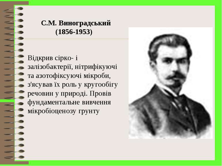 С.М. Виноградський (1856-1953) Відкрив сірко- і залізобактерії, нітрифікуючі ...