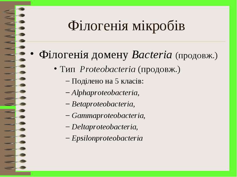 Філогенія мікробів Філогенія домену Bacteria (продовж.) Тип Proteobacteria (п...