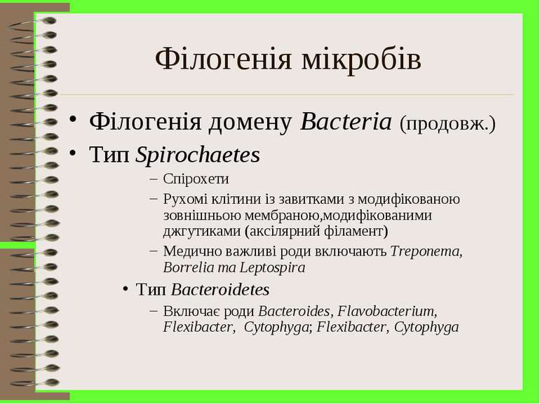 Філогенія мікробів Філогенія домену Bacteria (продовж.) Тип Spirochaetes Спір...