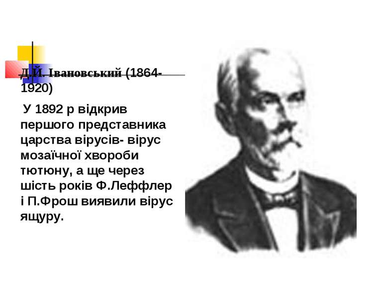 Д.Й. Івановський (1864-1920) У 1892 р відкрив першого представника царства ві...