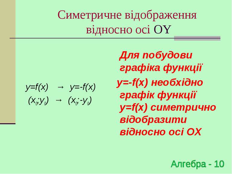 Симетричне відображення відносно осі OY y=f(x) → y=-f(x) (x0;y0) → (x0;-y0) Д...