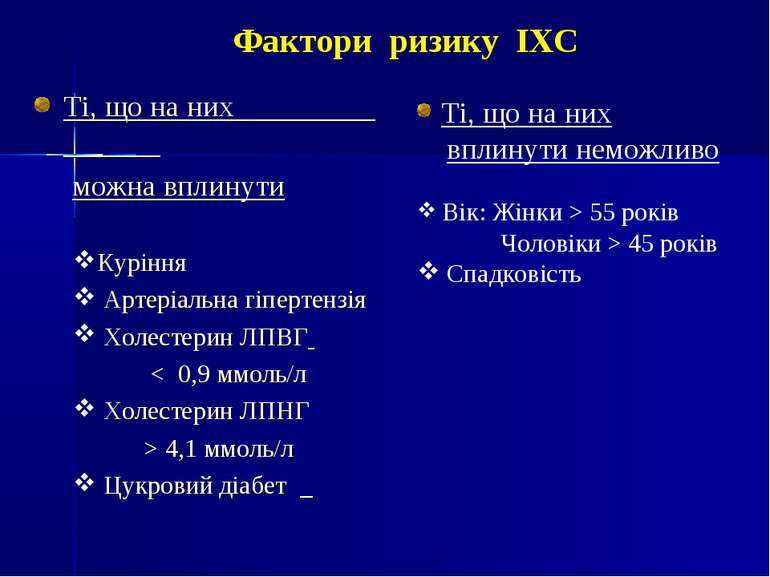 Фактори ризику ІХС Ті, що на них можна вплинути Куріння Артеріальна гіпертенз...