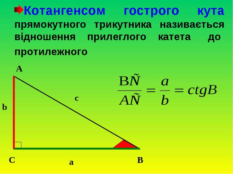 Котангенсом гострого кута прямокутного трикутника називається відношення прил...