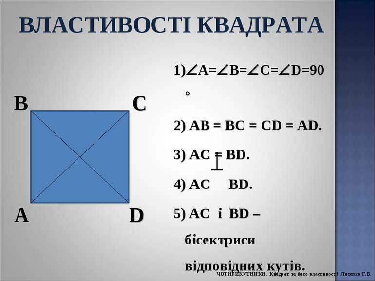 A B C D 1) A= B= C= D=90° 2) AB = BC = CD = AD. 3) AC = BD. 4) АС BD. 5) AC і...
