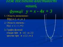 Тож дослідимо властивості нашої функції y = x - 4x + 3 2 ( 2 ; - 1 ) Область ...