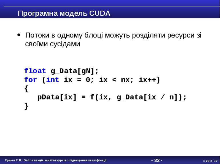 - * - Програмна модель CUDA Потоки в одному блоці можуть розділяти ресурси зі...