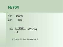 №704 4кг - 100% 1кг - х% 1 100 4 · Х= =25(%) (Г.П.Бевз, В.Г.Бевз Математика 6)