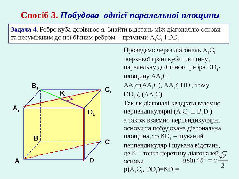 Спосіб 3. Побудова однієї паралельної площини Задача 4. Ребро куба дорівнює а...