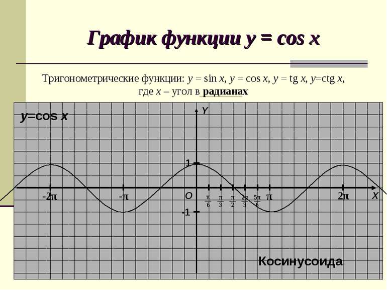 График функции y = cos x О Х Y 1 -1 y=cos x Косинусоида Тригонометрические фу...