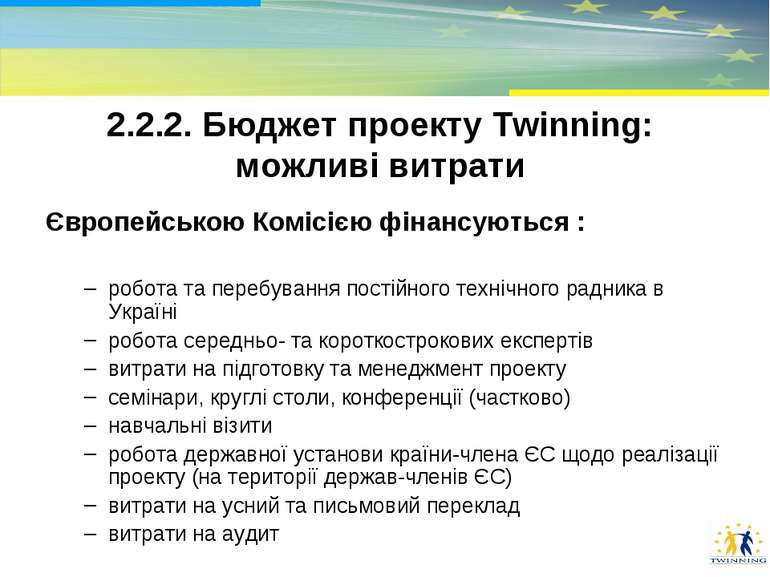 2.2.2. Бюджет проекту Тwinning: можливі витрати Європейською Комісією фінансу...