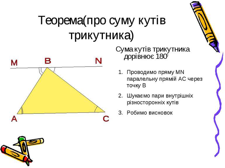 Теорема(про суму кутів трикутника) Сума кутів трикутника дорівнює 1800 Провод...