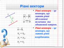 Рівні вектори Рівні вектори – це вектори, що мають рівні абсолютні величини т...