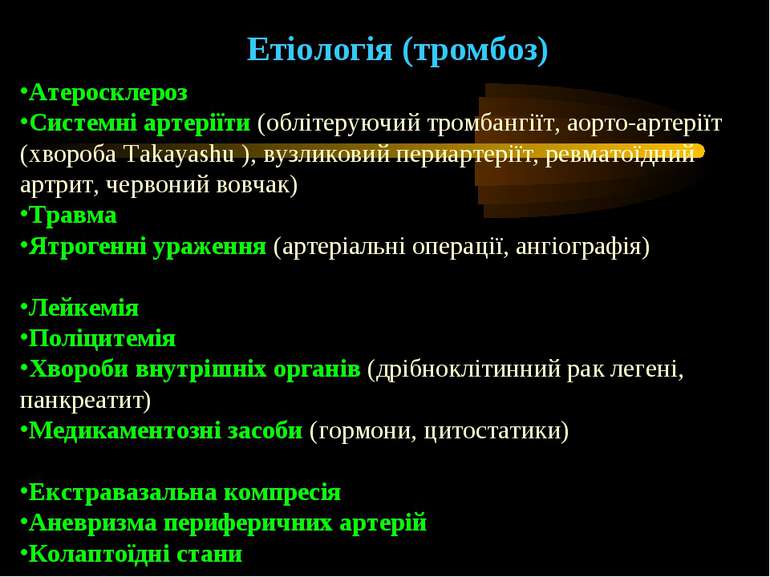 Етіологія (тромбоз) Атеросклероз Системні артеріїти (облітеруючий тромбангіїт...