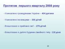 Протягом першого кварталу 2008 року Усиновлено громадянами України – 404 дити...