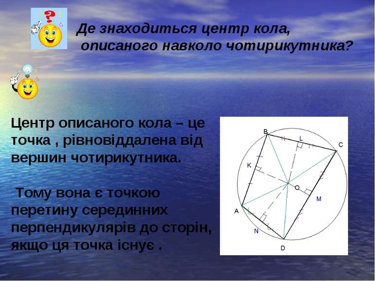 Де знаходиться центр кола, описаного навколо чотирикутника? Центр описаного к...