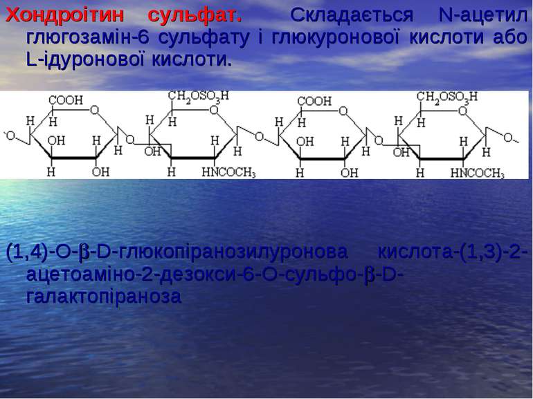 Хондроітин сульфат. Складається N-ацетил глюгозамін-6 сульфату і глюкуронової...