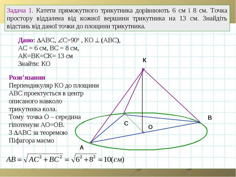A B C O Задача 1. Катети прямокутного трикутника дорівнюють 6 см і 8 см. Точк...