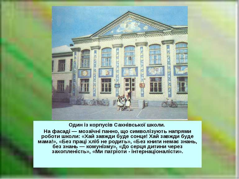 Один із корпусів Сахнівської школи. На фасаді — мозаїчні панно, що символізую...