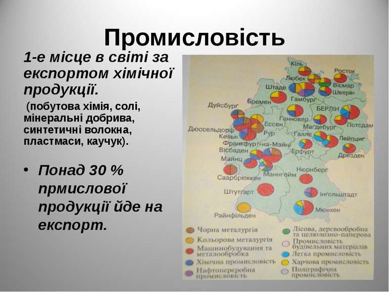 Промисловість 1-е місце в світі за експортом хімічної продукції. (побутова хі...