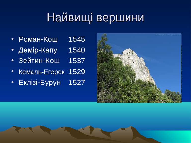 Найвищі вершини Роман-Кош 1545 Демір-Капу 1540 Зейтин-Кош 1537 Кемаль-Егерек ...