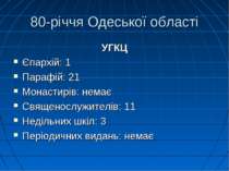 80-річчя Одеської області УГКЦ Єпархій: 1 Парафій: 21 Монастирів: немає Свяще...