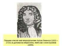 Першим описав живі мікроорганізми Антоні Левенгук (1632—1723) за допомогою мі...