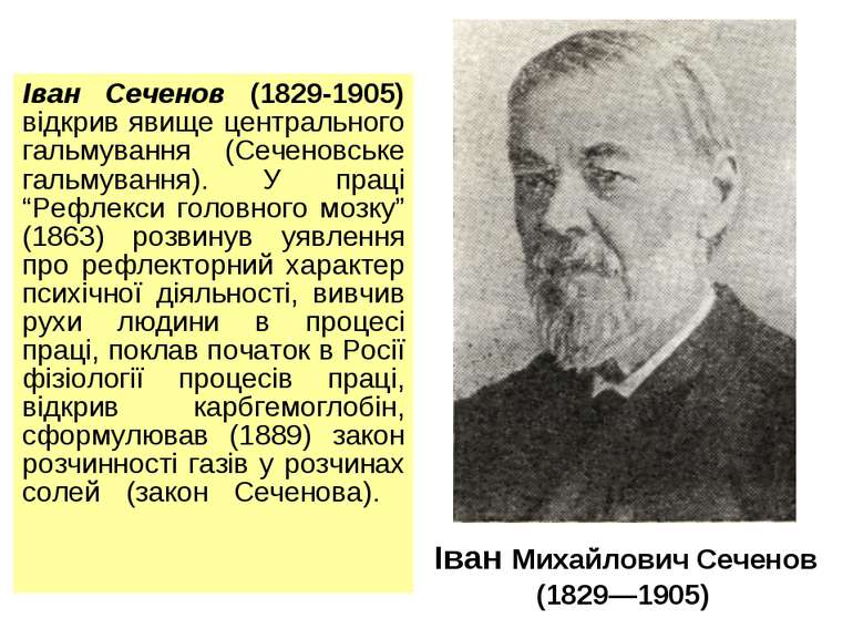 Іван Михайлович Сеченов (1829—1905) Іван Сеченов (1829-1905) відкрив явище це...