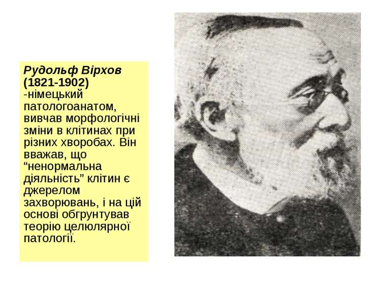 Рудольф Вірхов (1821-1902) -німецький патологоанатом, вивчав морфологічні змі...