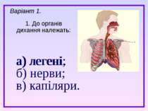 а) легені; б) нерви; в) капіляри. 1. До органів дихання належать: Варіант 1. ...