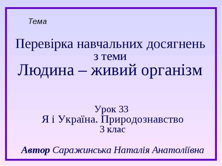 Перевірка навчальних досягнень з теми Людина – живий організм Тема Урок 33 Я ...