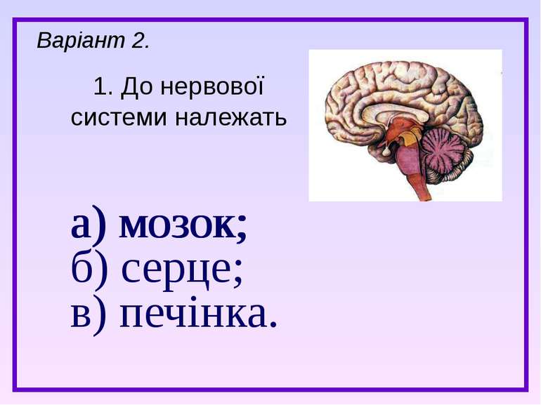 а) мозок; б) серце; в) печінка. 1. До нервової системи належать Варіант 2. а)...