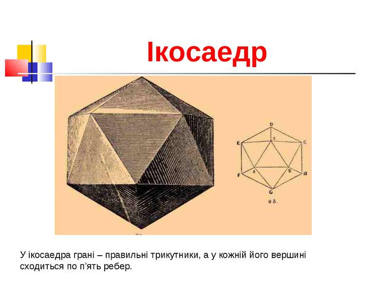 Ікосаедр У ікосаедра грані – правильні трикутники, а у кожній його вершині сх...